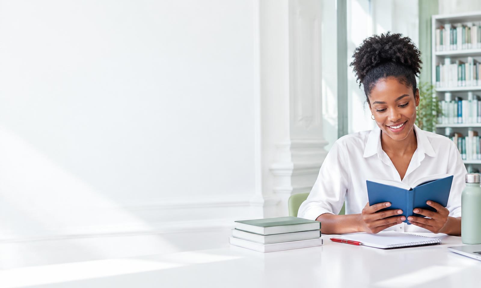 Une femme révise dans une bibliothèque lumineuse